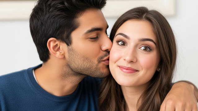 Affectionate young couple sharing a tender moment, a man gently kissing a woman on the cheek, expressing love and happiness in a heartwarming indoor scene