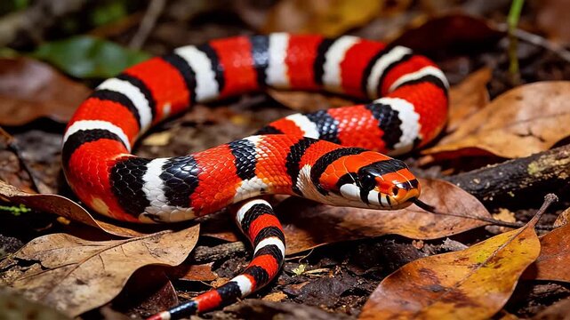 Colorful snake coiled on forest floor
