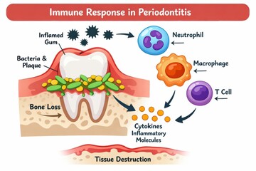 Fototapeta na wymiar The immune response involved in periodontitis. It highlights bacteria, inflammation, and immune cells in the gums.