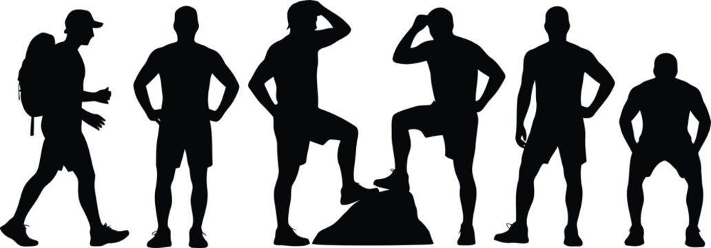 Various male outdoor enthusiasts represented as silhouettes in different active and resting stances
