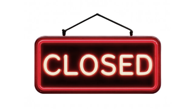 A glowing neon sign that says 'closed' hangs from a black string against a dark background