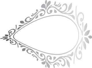 A decorative gray ornamental oval frame with elegant floral scrollwork and leaf accents