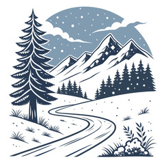 Fototapeta premium Winter road to snowy mountains with pine trees