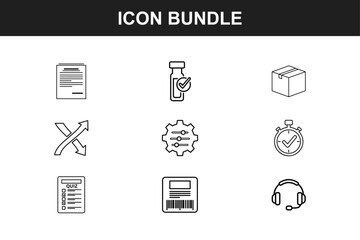 Obraz premium Industrial manufacturing and corporate workflow icon set featuring robotic arms security shields shipping boxes and timing symbols