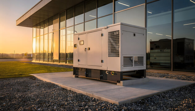 Standalone Auxiliary Power Unit Shimmers in Golden Light Outside Modern Commercial Building: Durable Industrial Backup Generator System Ensuring Uninterrupted Electricity