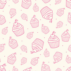 Vector seamless pattern with linear pink cupcakes with cherries on a light background