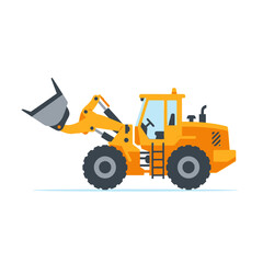 Fototapeta premium Yellow wheel loader with raised bucket on white background