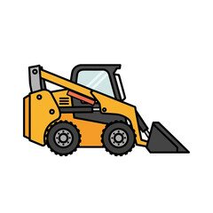 Fototapeta premium Yellow skid steer loader construction vehicle, compact tractor with bucket, isolated on white background