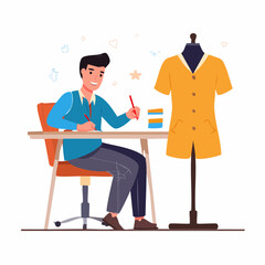 Vector illustration of a person worker at work designing clothes for people in an isolated environment, a man sitting at a desk with a dress form beside him.