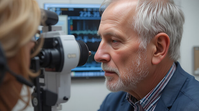 Senior man getting a hearing test , tympanogram on the background. impedance audiometry, measurement of the pressure in the middle ear.
