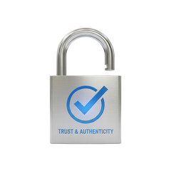 Unlocked padlock with checkmark and trust authenticity text