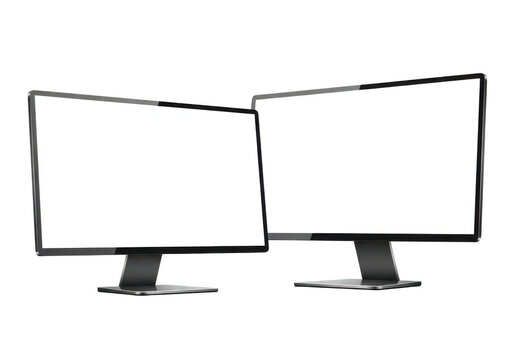 Two modern computer monitors displayed at an angle on transparent background