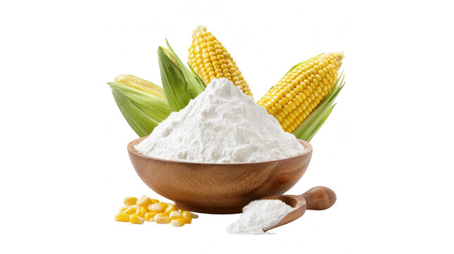 A wooden bowl filled with white cornstarch powder, with corn cobs in the background.