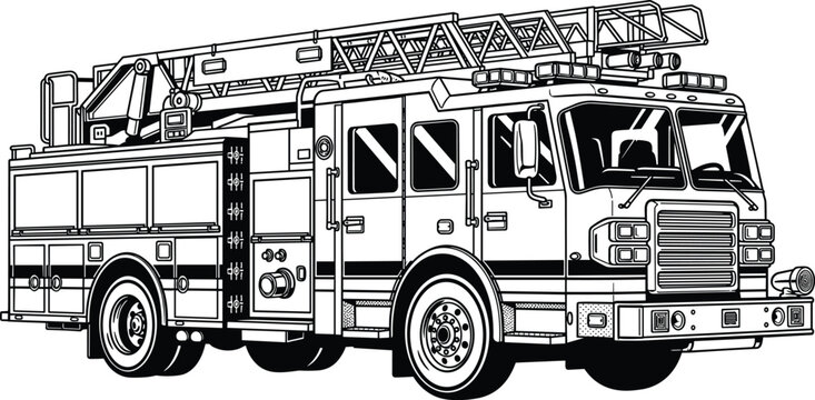 Fire truck ladder vehicle illustration, emergency firefighting transport with rescue equipment, detailed firefighter engine isolated on white background design