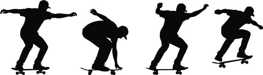 Skateboarder Silhouette Sequence, Skater Performing Ollie Trick and Jump Action Poses, Black Vector Illustration Isolated on White Background