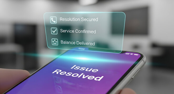 Hand holding smartphone with issue resolved screen and notification pop up in office