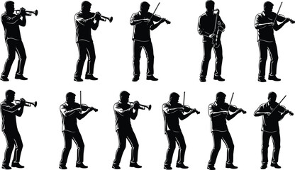 Musician silhouettes collection, trumpet, violin and saxophone players performing, live music performance figures isolated on white background illustration design © Art_By_Aktarina