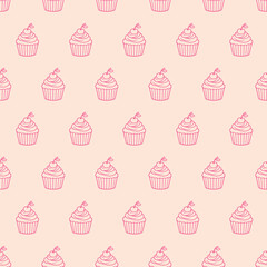 Vector seamless cute pattern with pink linear cupcakes with cherries