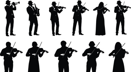 Musician silhouettes playing violin trumpet saxophone, orchestra performers vector illustration isolated background collection set classical music band © Art_By_Aktarina