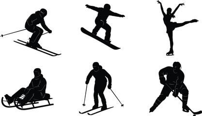 Winter Sports Silhouette Collection, Skiing, Snowboarding, Figure Skating, Sledding and Ice Hockey, Black Vector Illustration Isolated on White Background