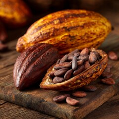 Obraz premium close up of cocoa beans and pod on wood