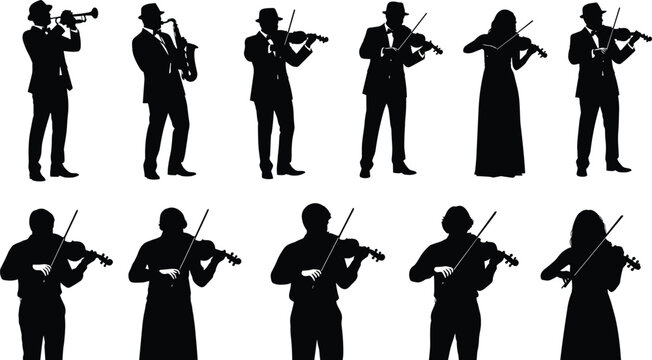 Musician silhouettes playing violin trumpet saxophone, orchestra performers vector illustration isolated background collection set classical music band