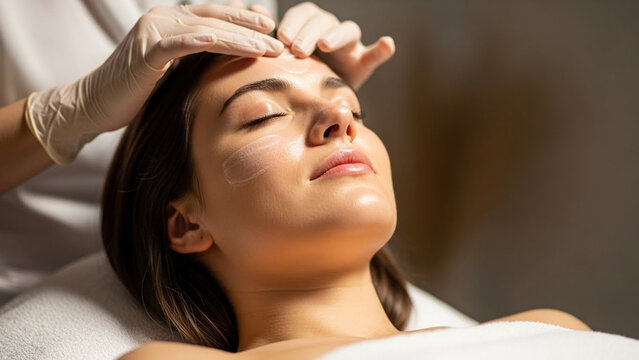 Woman receiving facial massage treatment with closed eyes in spa salon.
