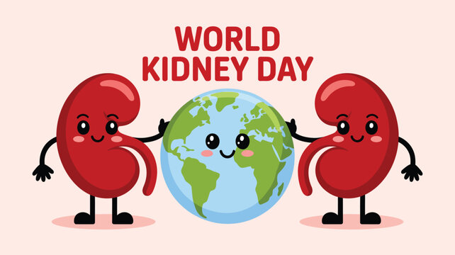 world kidney day banner with cute cartoon kidneys and earth illustration, global health awareness campaign poster template design