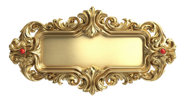 Ornate golden plaque with intricate scrollwork and small red gem accents on a black background.