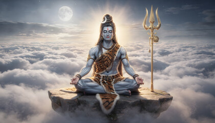 Fototapeta premium Lord Shiva Meditating Peacefully Amidst Clouds on a Mountain, Illuminated by a Moonlit Sky, Serene Spiritual Image for Meditation, Yoga, and Relaxation Use, Hindu God