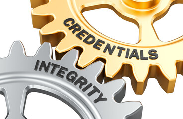 Credentials and Integrity concept with interlocking metal gears. 3D rendering