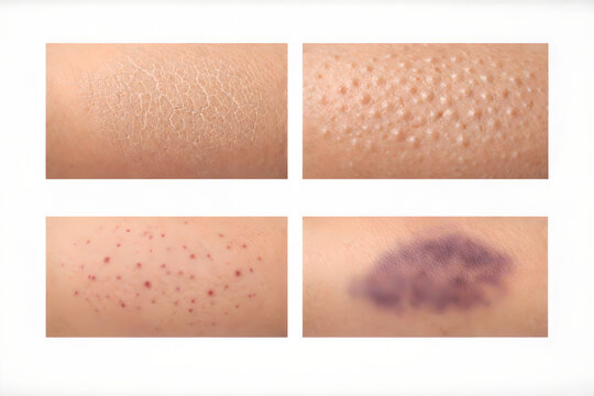 Photorealistic 3D medical infographic showing skin signs associated with micronutrient deficiencies: Xerosis, Follicular hyperkeratosis, Petechiae, Ecchymoses