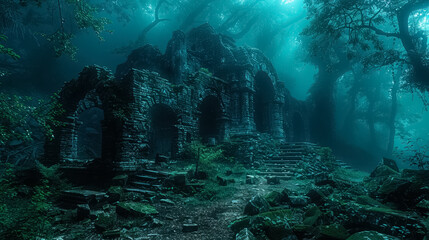 Temple in fantasy forest at night, old ruins and magic light