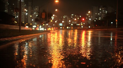 Fototapeta premium street reflects city lights after rainfall at night