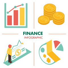 Fototapeta premium Finance infographic with bar chart coins person and pie chart