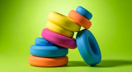 Colorful stacked donuts on vibrant green gradient background