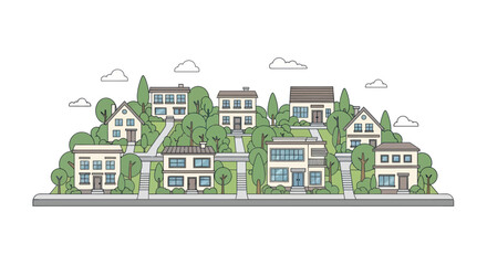 Charming Suburban Neighborhood with Houses, Trees, and Hills - Flat Design