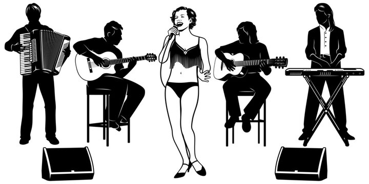 Naughty Singer Woman with Musicians. Silhouette set. Keyboardist, Vocalist, Guitarist, Accordionist. Vector cliparts isolated on white.