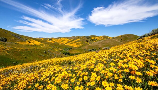 A vibrant landscape of rolling hills blanketed in bright yellow wildflowers under a bright blue sky with wispy clouds