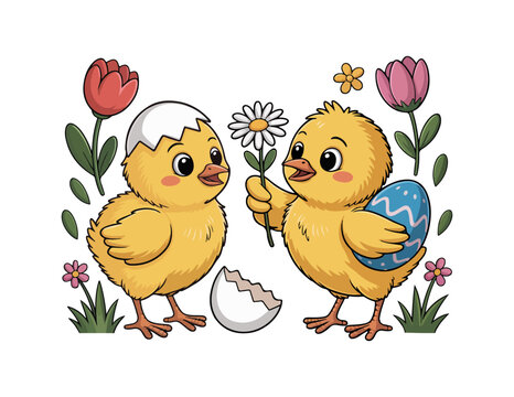chicks holding a flower and an egg in a colorful garden setting.