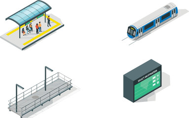 Set of Isometric Metro Station Vector Illustrations Including Commuter Train Platform with People and Destination Information Screen for Urban Public Transport and City Map Design