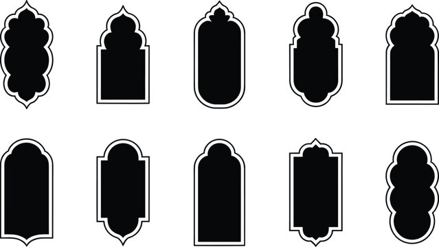 Islamic arch window silhouette set of ornamental mosque mihrab frames in bold black vector shapes isolated minimal arabesque religious architecture design collection
