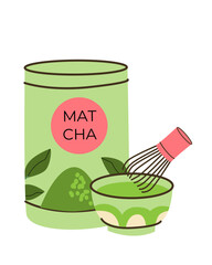 Mathca lover's composition. Powder in pot and green drink. Matcha illustration isolated. Vector flat cartoon art.