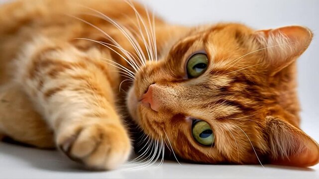 Close-up of an orange tabby cat lying down with green eyes and extended paw
