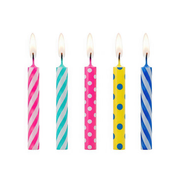 Five colorful birthday candles with spiral patterns and white wicks