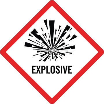 A warning sign indicating explosive materials with a red border and black graphic on a white background