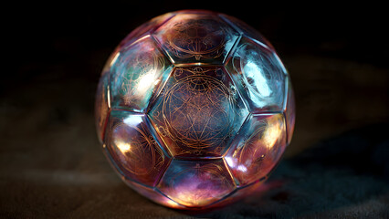 Naklejka premium Translucent Glass Soccer Balls Floating Suspension with Reflections on Pearl White Silver Gradient