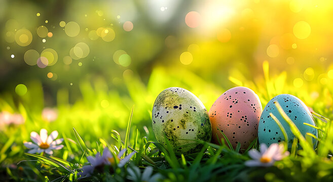 Colorful easter eggs hidden in the green grass of a sunny garden