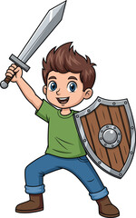 Cute cartoon boy dressed as a knight holding a sword and shield, brave warrior character illustration for kids storybooks, games, and education.