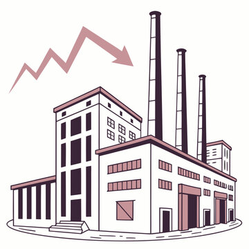 Industrial factory building with smokestacks and declining graph